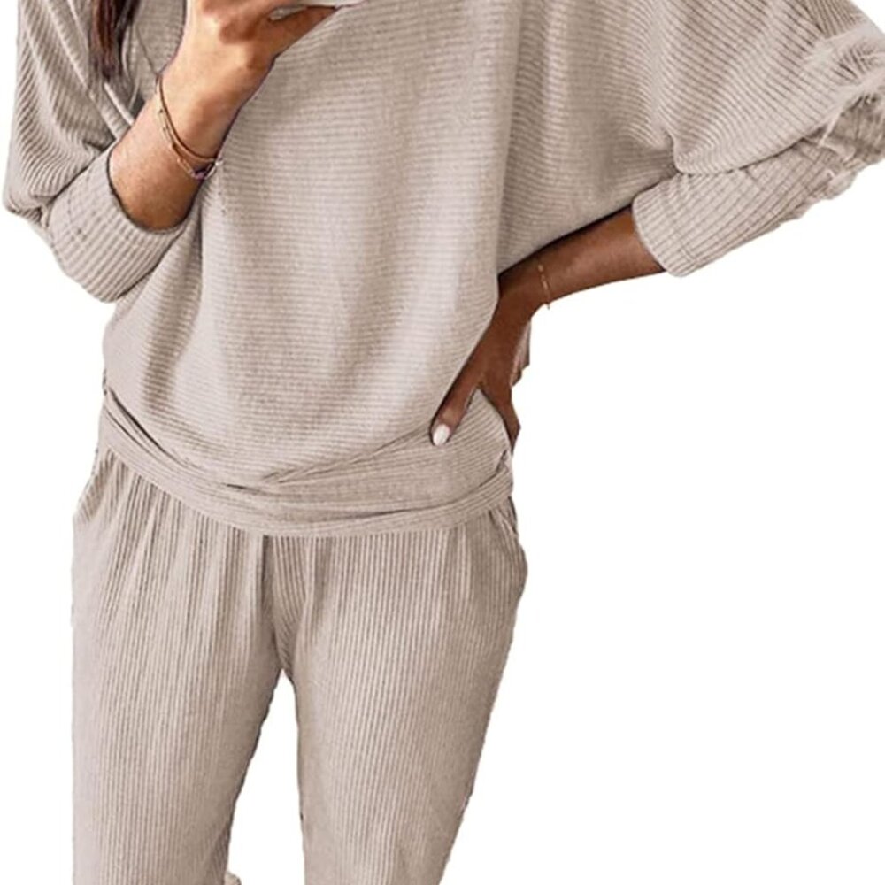 Women's Fall 2 Piece Lounge Set Long Sleeve Tops Ribbed Pants Spring Matching Sw